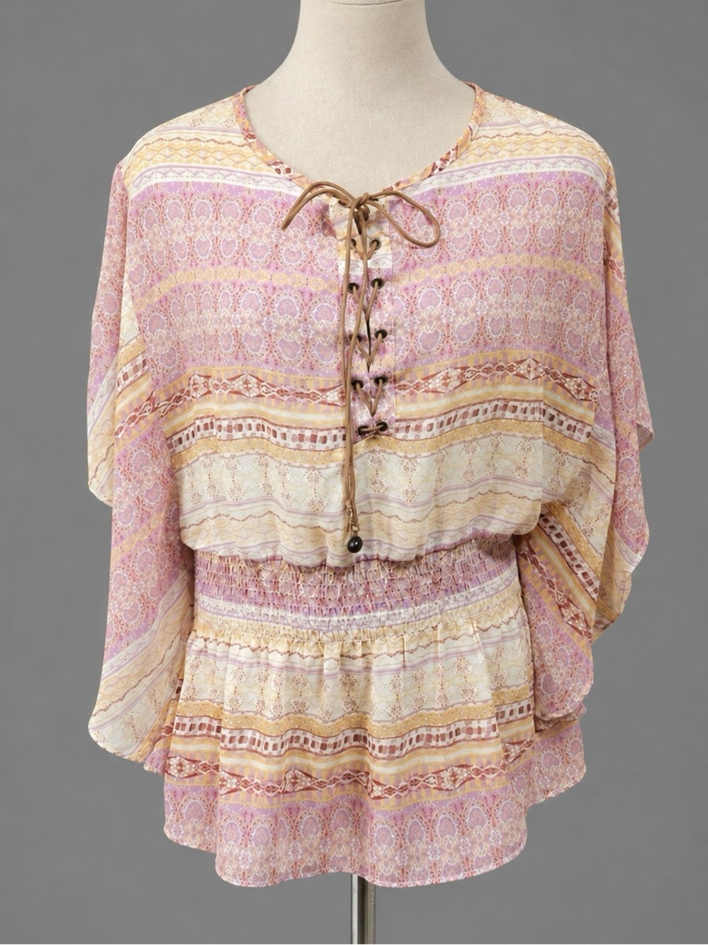 BoHo Southwestern CHIC Sheer Bodice Corset Tie Butterfly Wing Top S/M